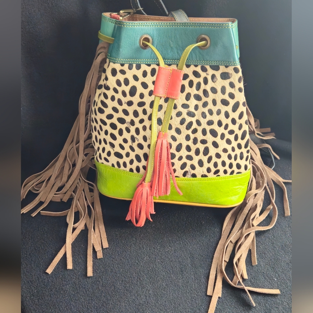 Zelah Leather & Hair on Hide Leopard Print Multicolor Drawstring Bucket Bag - Picture 4 of 12